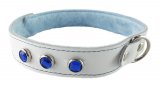 White Leather Collar with Blue Gems and Lining