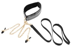 FAUX GLOSSY COLLAR AND LEASH WITH NIPPLE CLAMPS