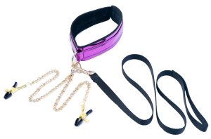 FAUX GLOSSY COLLAR AND LEASH WITH NIPPLE CLAMPS
