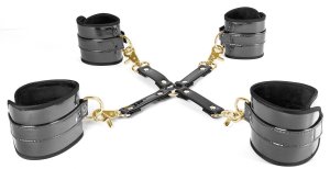 FAUX GLOSSY LEATHER WRIST AND ANKLE RESTRAINTS WITH HOGTIE