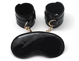 FAUX GLOSSY LEATHER WRIST RESTRAINTS AND BLINDFOLD